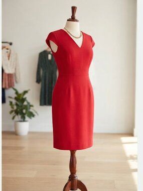Jones New York Red V-Neck Cap Sleeve Sheath Career Work Dress Size 16